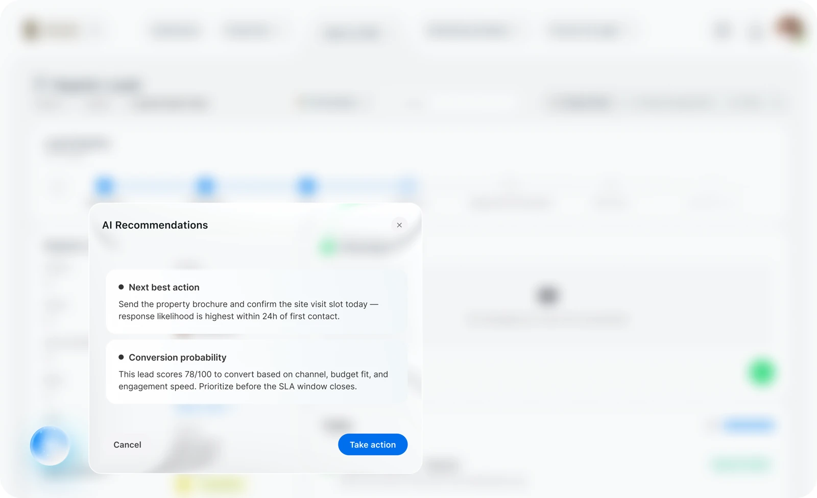 AI Recommendations panel showing the next best action and conversion probability